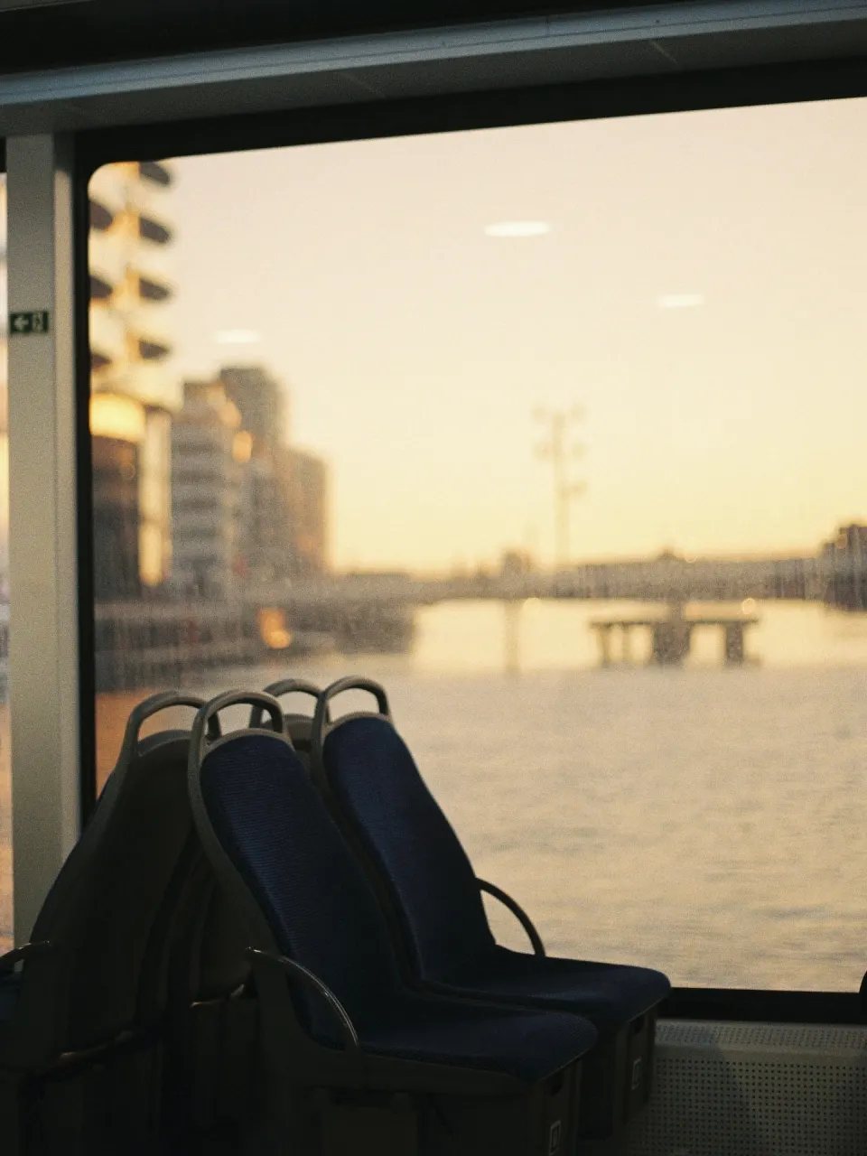 Sunset over Copenhagen harbour from the harbour bus, shot on film